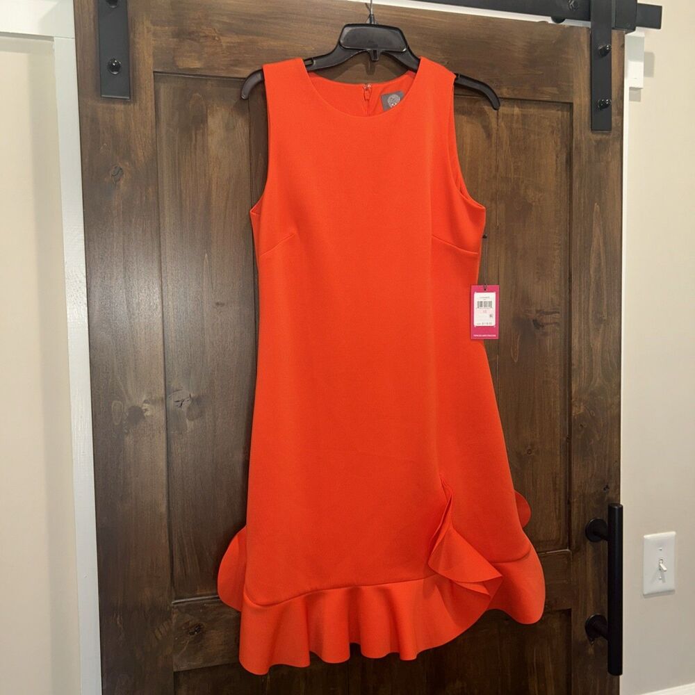 E100-NWT Vince Camuto Wo Sleeveless Ruffle Hem Shift Dress Tangerine Size 10